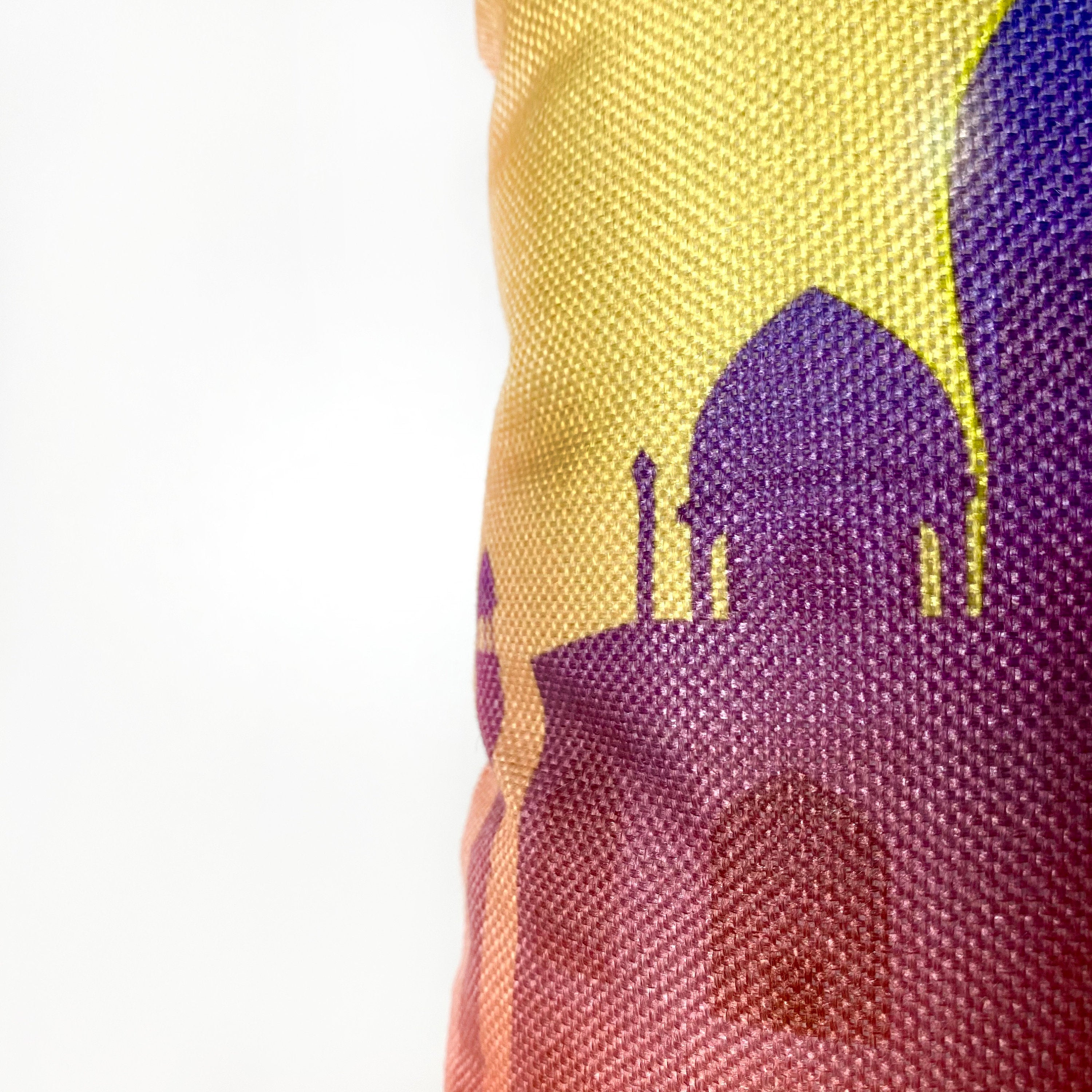 Taj Mahal Pillow Cover featuring a travel poster design, measuring 12x18 inches, made from a cotton/polyester blend with a concealed zipper.